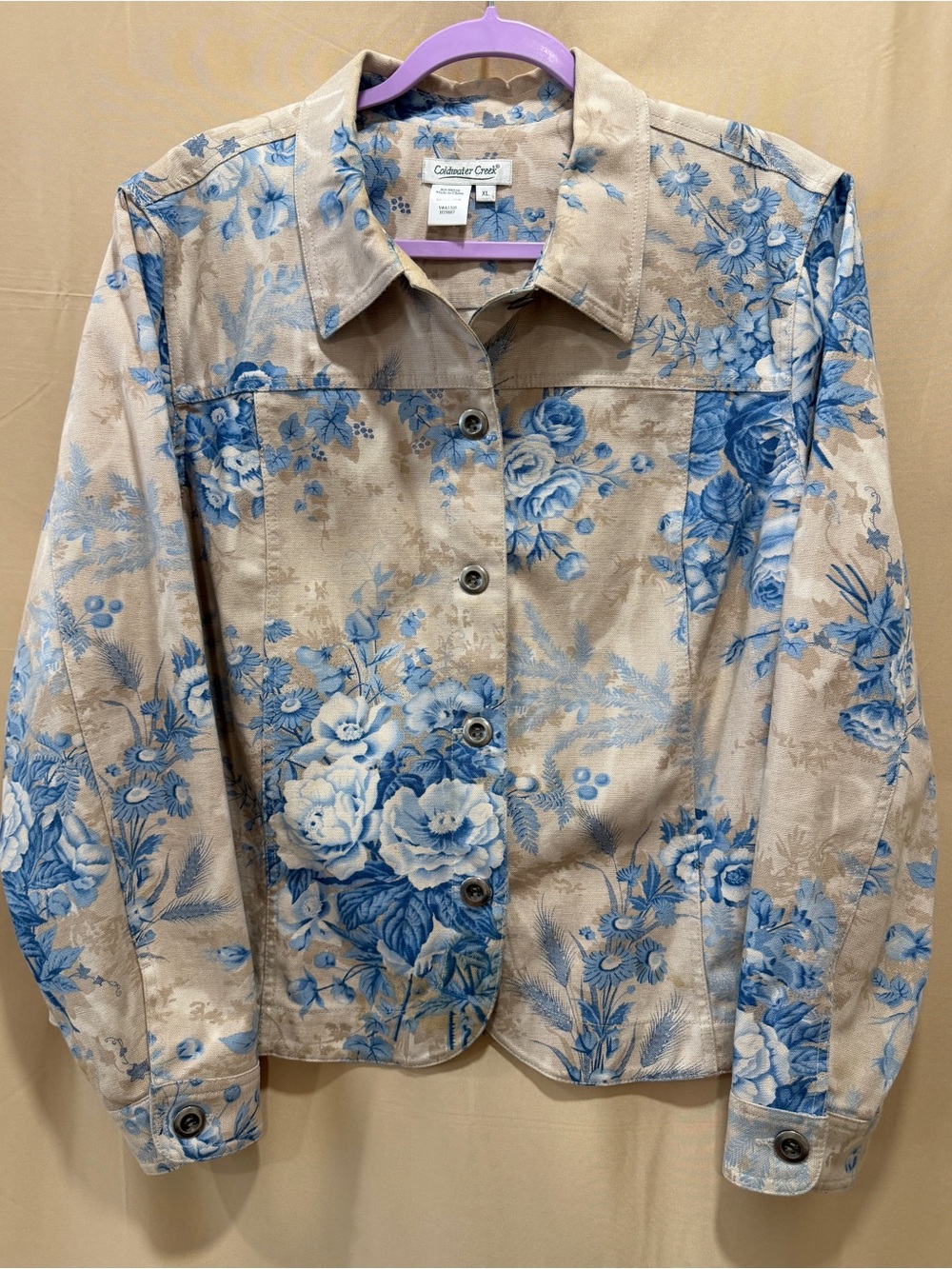 Coldwater Creek Floral Button Front Jacket Beige Blue Tapestry Print Women's XL